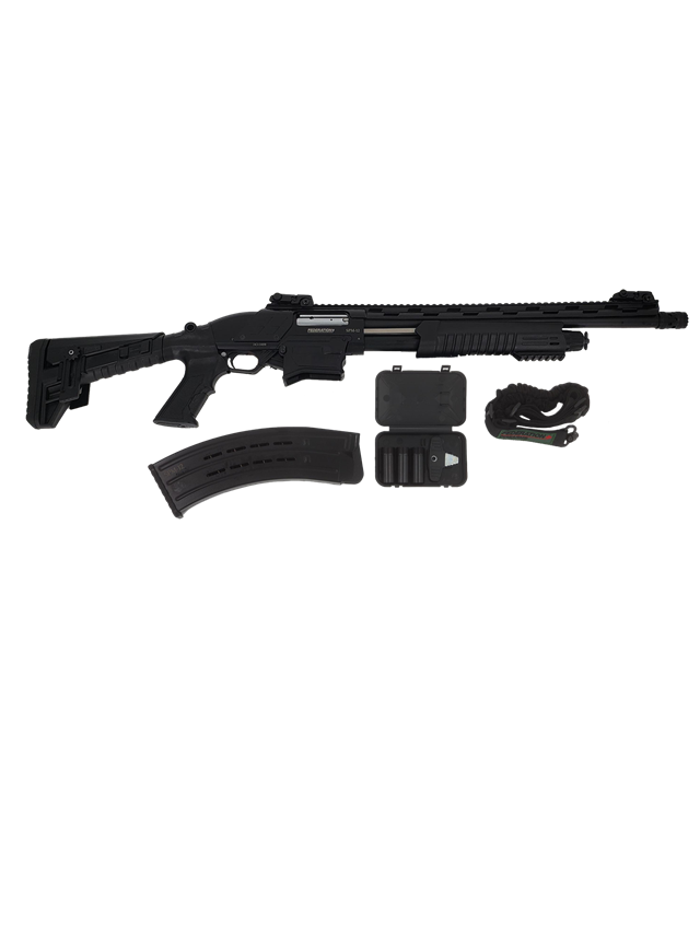 SPM-12, 12ga 3″ magazine-fed pump action shotgun. Black.